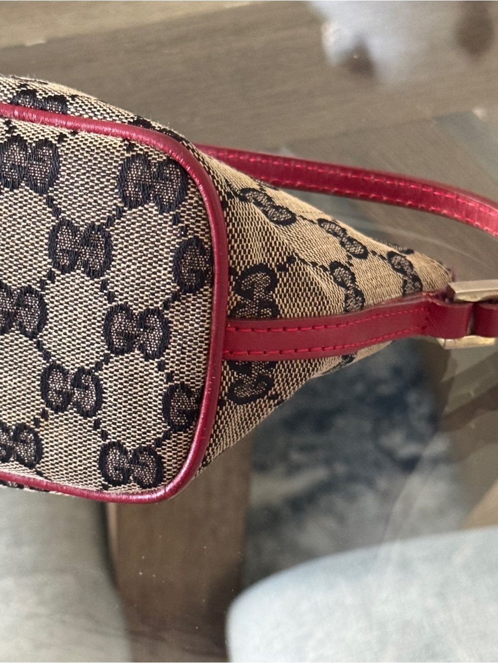 GUCCI GG CANVAS Vintage Boat Pochette Grey/Red - Picture 6 of 12